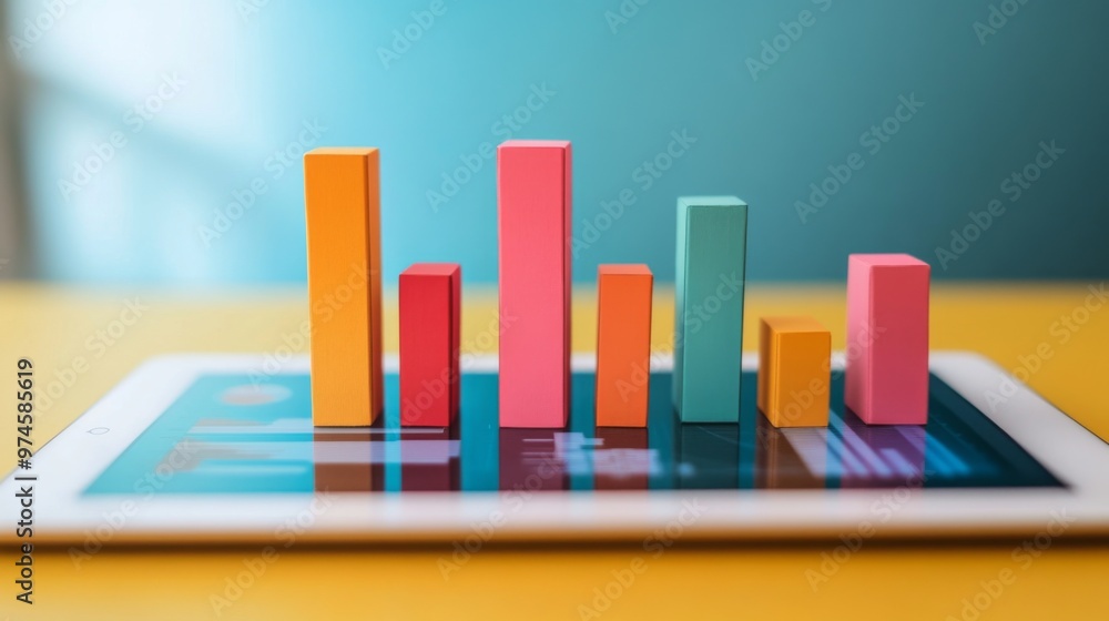 Aufkleber A flat lay of a digital tablet showing a 3D bar graph, with bars popping out of the screen, symbolizing interactive data analysis in a modern business setting.