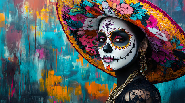 mujer elegante vestida de catrina con sombrero mexicano sobre un fondo de colores dise&ntilde;o artistico y tipico de la cultura mexicana en noviembre dia de muertos