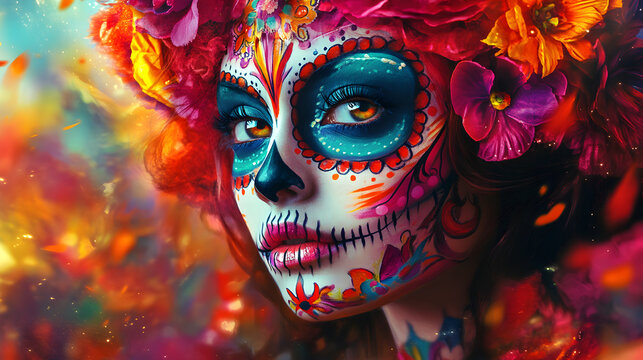 catrina en un fondo colorido y brillante hermoso fonfo cultural de colores mexicanos representando belleza y tradicion en mexico maquillaje de fantasia con creatividad para el dia de muertos