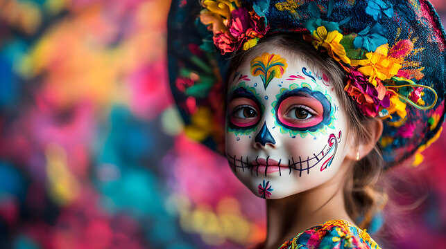 una ni&ntilde;a maquillada de catrina con sombrero y flores representando el dia de muertos en mexico calaveras coloridas con espacio para copia tradicion mexicana