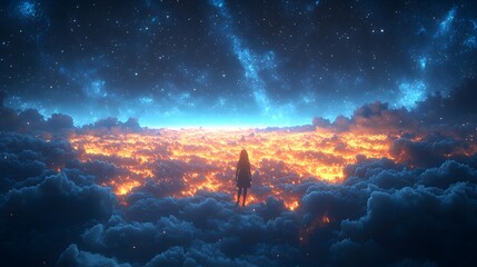 Fototapeta premium Night sky with a sea of glowing stars and smooth clouds drifting across, creating a magical, peaceful atmosphere. The 3D elements give depth to the clouds and stars, enhancing the fantasy theme