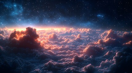 Fototapeta premium Cloudy night sky illuminated by bright stars, creating a stunning contrast between light and dark. The 3D realistic design adds texture to the clouds and the endless field of stars