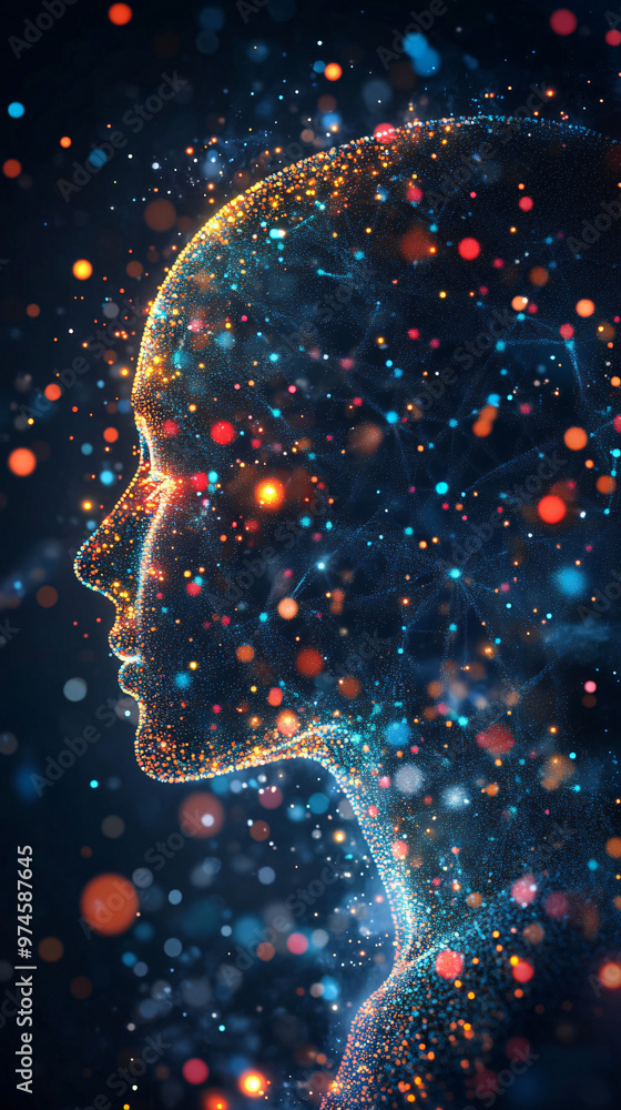 Poster Colorful particles are forming a human face, suggesting the rise of artificial intelligence in computer science