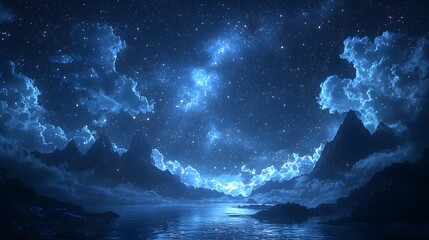 Fototapeta premium Stars sparkle across a dark sky, with light clouds adding texture and movement, creating a peaceful and dreamy scene. The 3D design captures the beauty and depth of the fantasy-inspired night sky