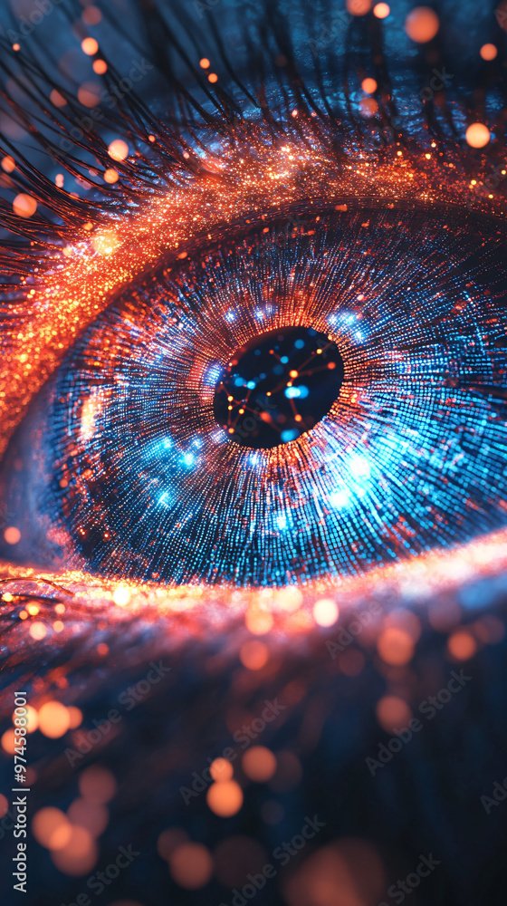 Poster observing digital data streams illuminated in cyberspace with a blurred background