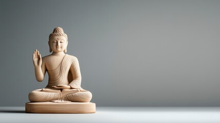 A serene wooden Buddha statue in a minimalistic setting, symbolizing peace, meditation, and spiritual enlightenment.