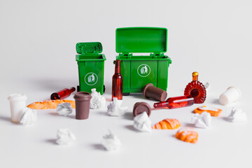 Colorful Miniature Scene of Trash and Recycling Containers