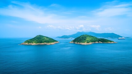 Fototapeta premium Two small, green, forested islands in the middle of a vast expanse of blue ocean with a cruise ship in the distance.