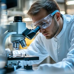 Technician wearing safety goggles analyzing product samples under a microscope, product inspection, precision in quality control