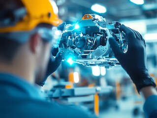 Worker conducting a visual inspection of automotive parts in a factory, automotive quality control, manufacturing inspection