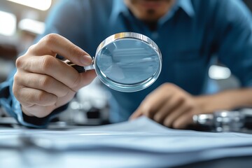 Worker reviewing product defects with a magnifying glass on a lab bench, defect analysis, detailed quality inspection