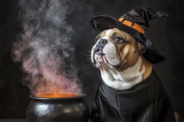 Bulldog in a witch costume standing next to a bubbling cauldron, witch dog, playful Halloween pet