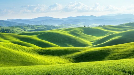 Obraz premium Rolling hills covered in a carpet of vibrant green grass, stretching into the distance under a clear summer sky.