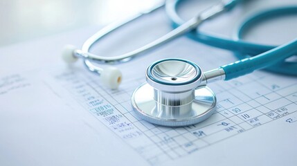 Close-up of a stethoscope placed next to a medical chart on a white background with clean lines for professional marketing materials