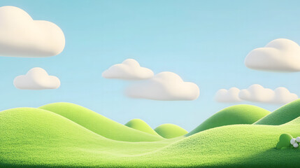 Obraz premium A summer countryside landscape with green grass, blue sky, and clouds