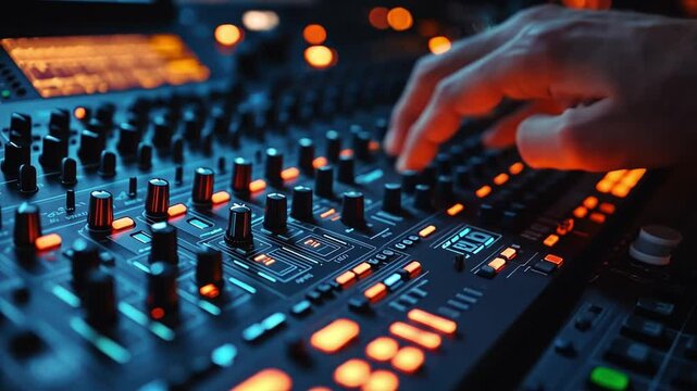 A close-up of a musician hand adjusting virtual knobs on a digital audio workstation, with sound waves and effects visible on the screen.