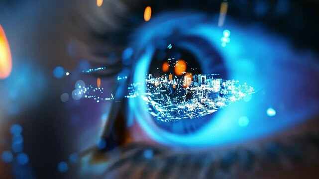 A close-up of a person eye reflecting a VR environment, with the VR headset partially visible, highlighting immersion in virtual worlds.