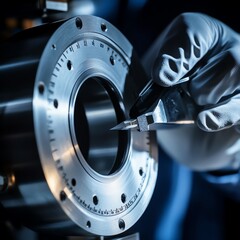 Engineer inspecting a mechanical part with calipers, precision measurement, highquality manufacturing