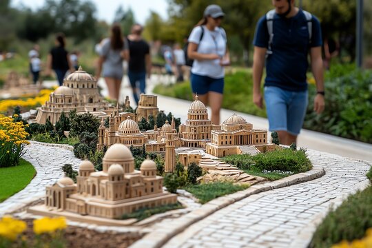Visitors walking through a Miniature Park with tiny versions of World Heritage Sites from all seven continents