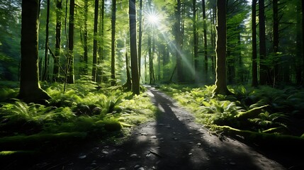 A sunlit forest clearing with a carpet of colorful wildflowers and greenery.
