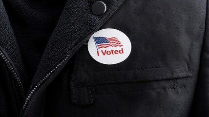 A close-up of a voter sticker displaying an American flag and the phrase 'I Voted', symbolizing civic engagement and democracy.