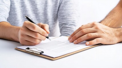 A close-up view of a person writing on a clipboard, showcasing the act of completing a form with attentive assistance.