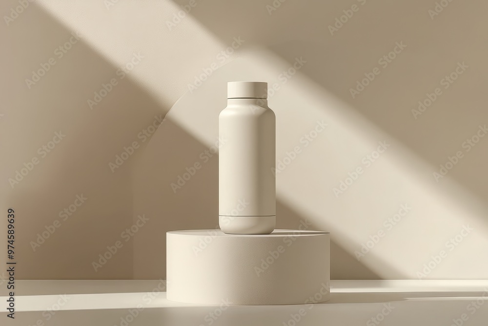 Poster a minimalist white bottle displayed on a pedestal with soft shadows in a neutral setting.