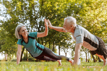 Senior couple doing plank exercise and giving high five on yoga mats outdoors