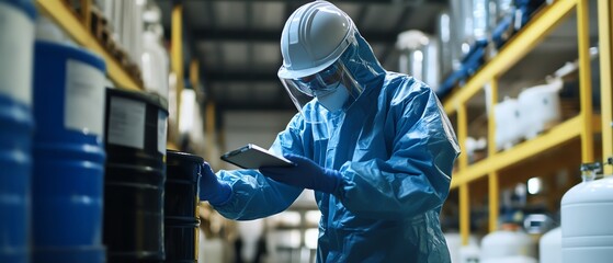 Inspector wearing protective gear and scanning products for contaminants, safety inspection, contamination control
