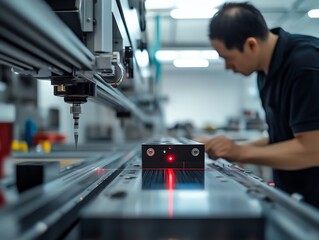 Technician checking product alignment with a laser level on a manufacturing floor, precision alignment, accuracy in production