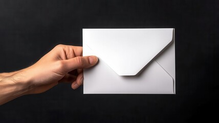 Fototapeta premium A hand holding a simple white envelope against a dark background, perfect for conveying messages, invitations, or communication.
