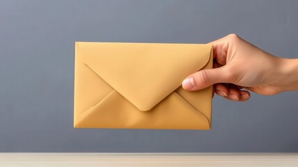 A hand holding a stylish yellow envelope against a minimalist background, perfect for invitations or messages.