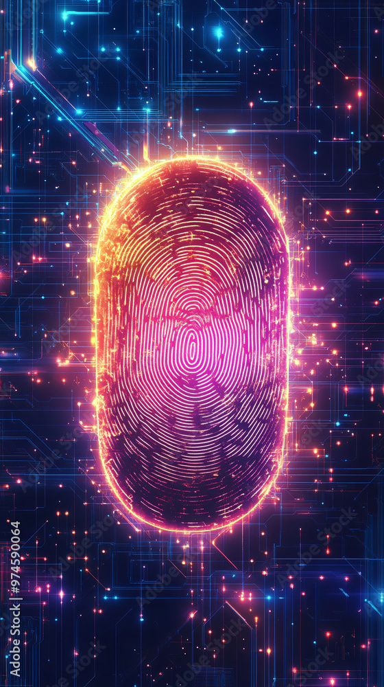 Fototapete Digital identity and cybersecurity concept: glowing fingerprint on circuit board background