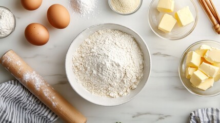 A flat lay of ingredients for baking, including flour, eggs, sugar, and butter, with a mixing bowl and rolling pin, set on a clean kitchen countertop.