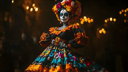 Fototapeta premium mujer catrina con un vestido colorido y elegante mexicano sobre un fondo de noche resaltando la belleza de la catrina celebrando el dia de muertos en mexico tradicion y cultura