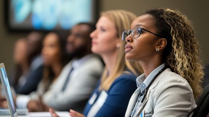 Group of healthcare providers attending a digital seminar, focus on laptops and the virtual learning environment