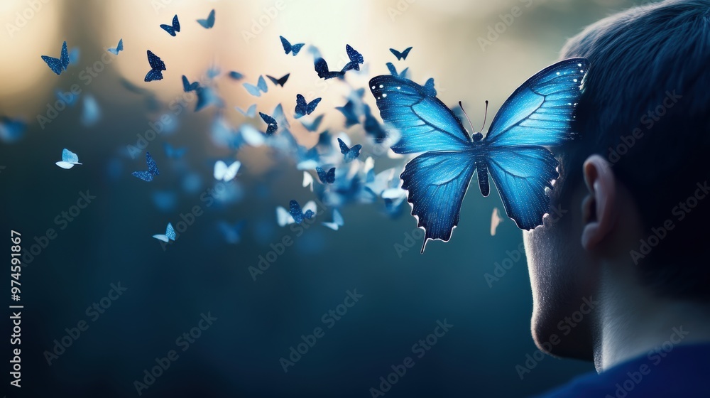 Poster a holographic butterfly, its wings composed of interconnected wireless signals, flutters around a pe