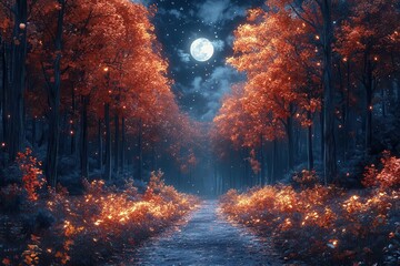 enchanting nighttime forest scene with vibrant autumnal foliage illuminated by ethereal moonlight creating a magical and mysterious atmosphere