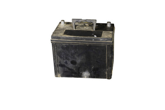 Closeup Old Car battery Expire on white background.Battery white background,isolation and clippingpath