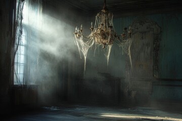 Sunlight illuminating cobweb-covered chandelier in abandoned room