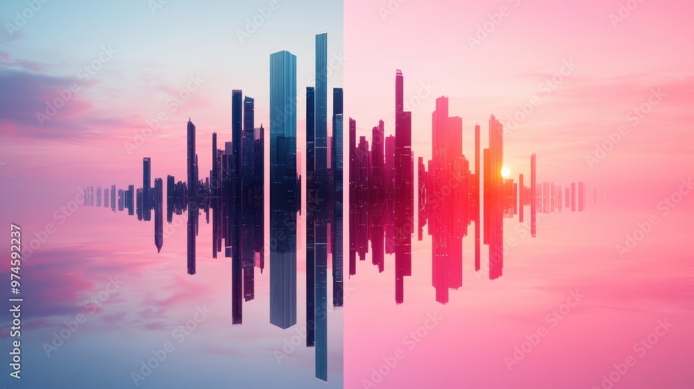 Canvas Prints A surreal cityscape with buildings that morph and change shape, responding to the touch of a person hand, showcasing the seamless integration of technology and architecture.