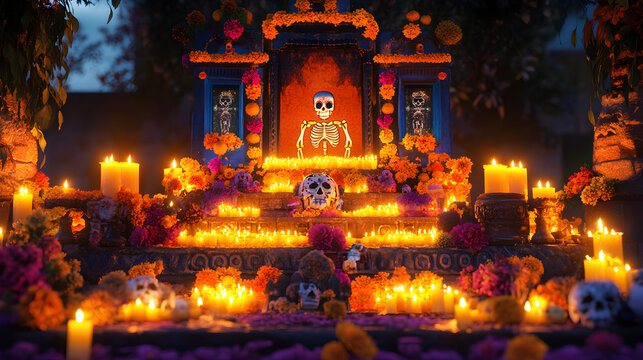 decorado y creativo altar de muertos en mexico colorido lleno de ofrendas a los difuntos representando el dia de mueretos en mexico tradicion y cultura