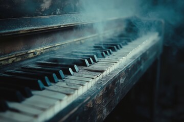 Dusty old piano with worn keys in eerie light