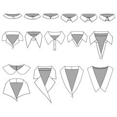 Various types of collars for womens' blouse.
A collection of neckbands and collars.
Hand-drawn collar and shirt neckline vector illustrations for clothing and fashion items.