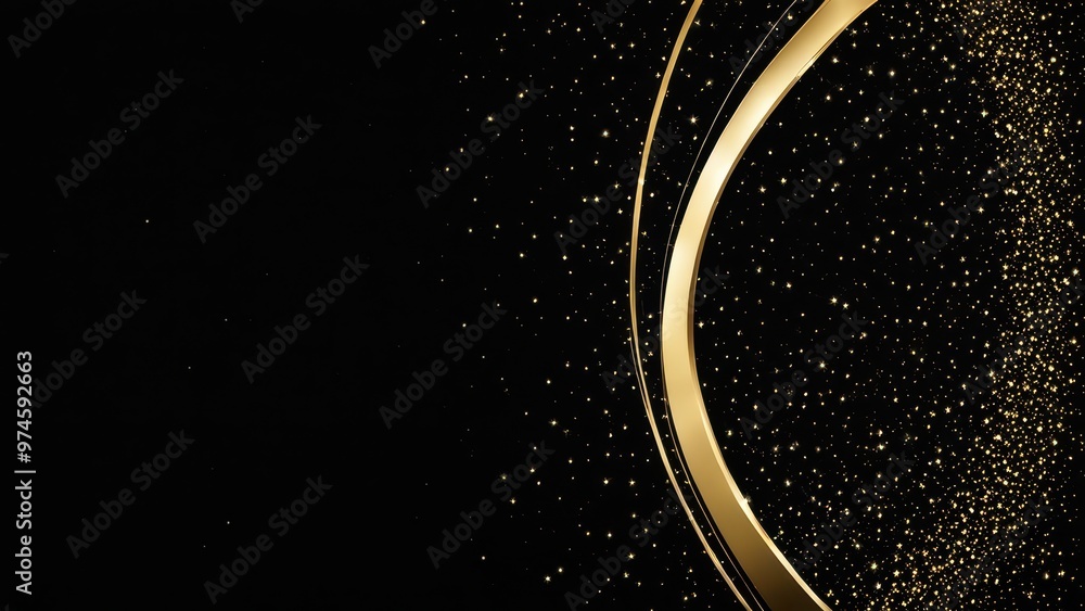 Poster a sleek black background with golden curves and shimmering particles, ideal for elegant designs or c