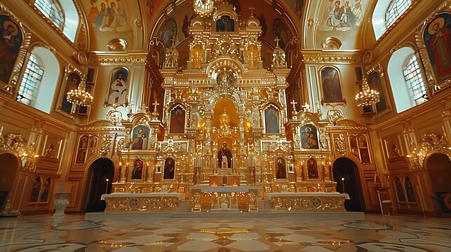 An ornate iconostasis in an Eastern Orthodox church, with intricate icons and gold details that symbolize the spiritual connection between the congregation and the divine. The scene captures 