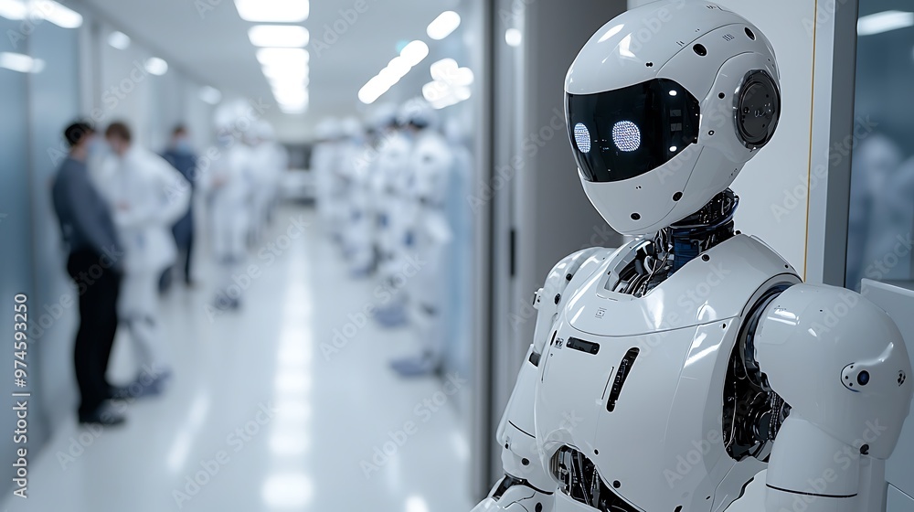 Poster a futuristic white robot operates in a modern lab setting, symbolizing the cutting edge of technolog