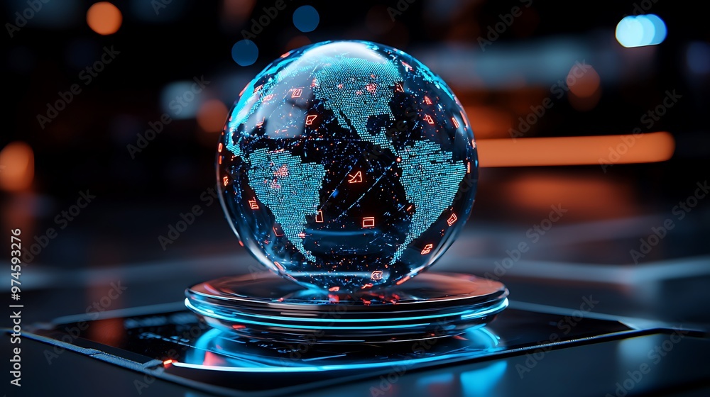 Poster a futuristic hologram globe displays global networks and connections, highlighting the future of com