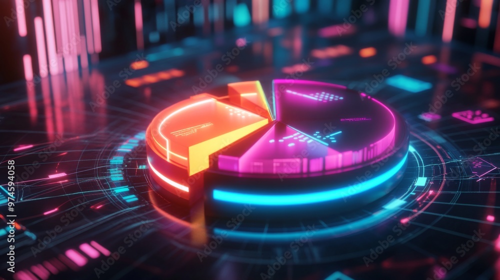 Poster a futuristic 3d pie chart with glowing neon segments, rotating in a digital space, symbolizing moder