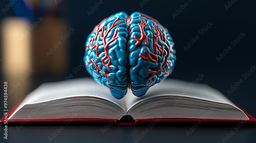 Poster a blue brain model floats above an open book, representing the connection between knowledge and cogn